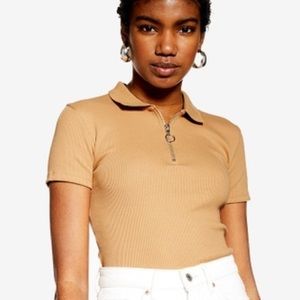 TOPSHOP Short Sleeve Ribbed Zip Polo